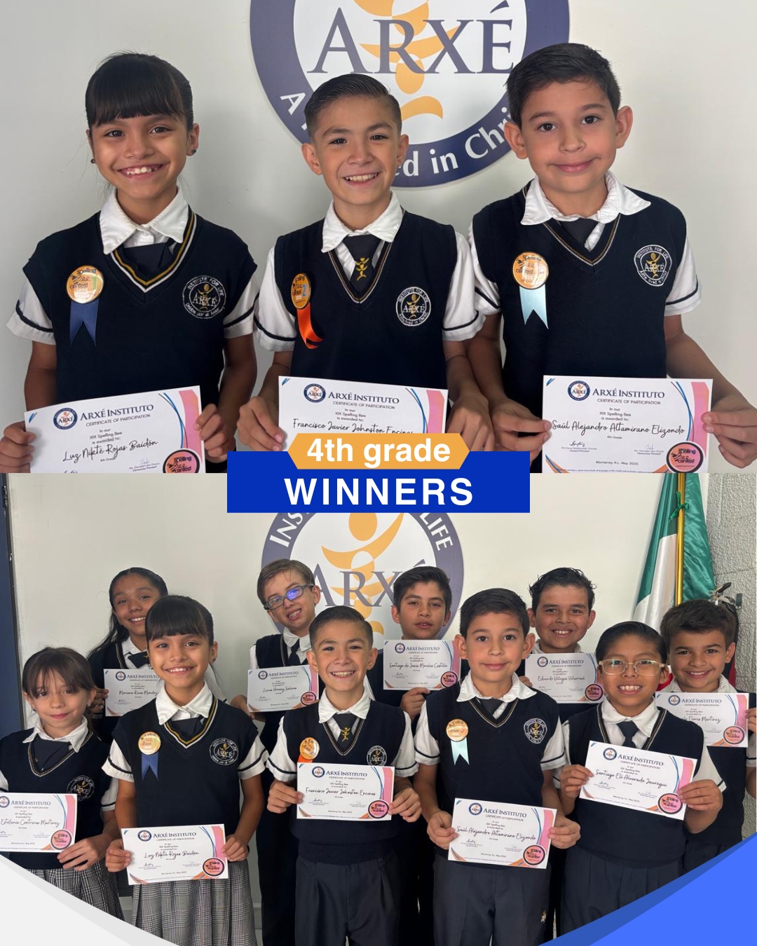 Alumnos ganadores del concurso Spelling Bee en Arxe International School, colegio bilingüe en Monterrey